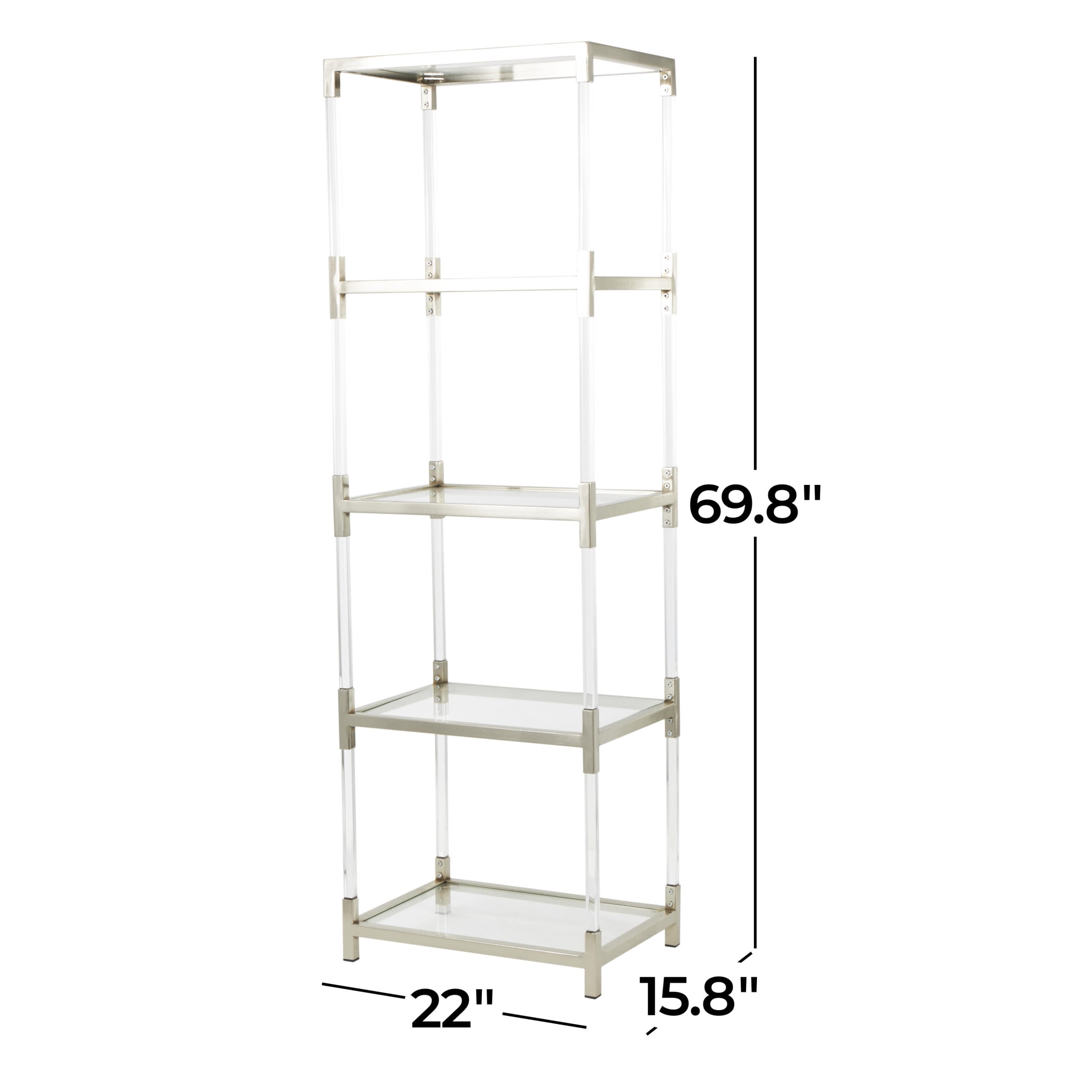 DecMode 22" x 70" Silver Metal Cube Shaped 4-Tier Shelving Unit with Clear Glass Top and Acrylic Legs, 1-Piece