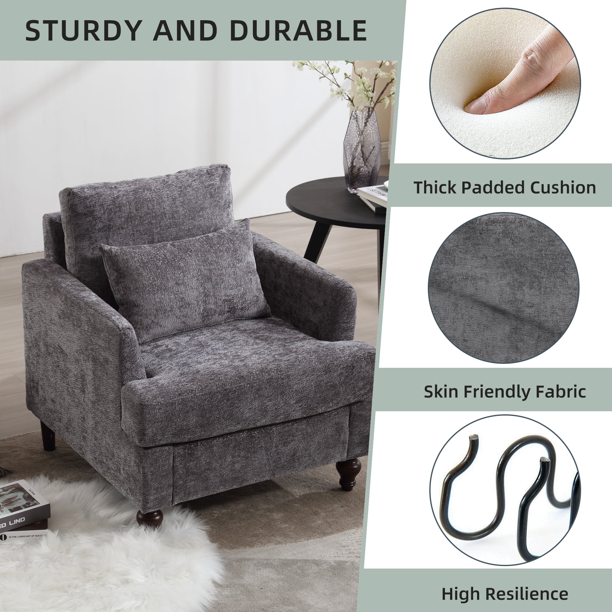 MOONMISS Modern Accent Chair, Wood Frame Upholstered Chenille Arm Chair, Comfy Small Single Couch For Living Room, Bedroom,Office Room Gray