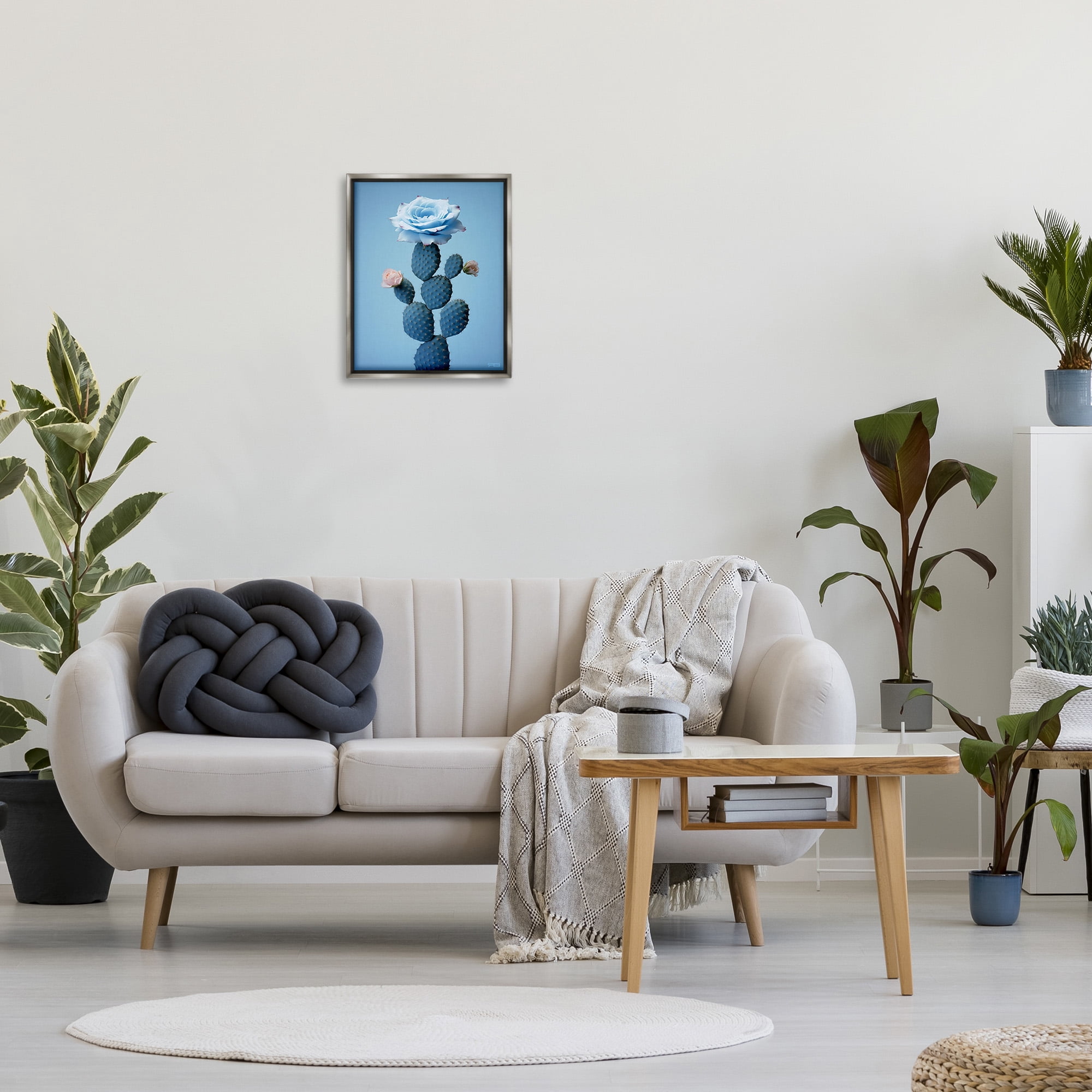 Stupell Industries Blue Rose & Cactus Botanical & Floral Painting Gray Floater Framed Canvas Art Print Wall Art, 17 x 21