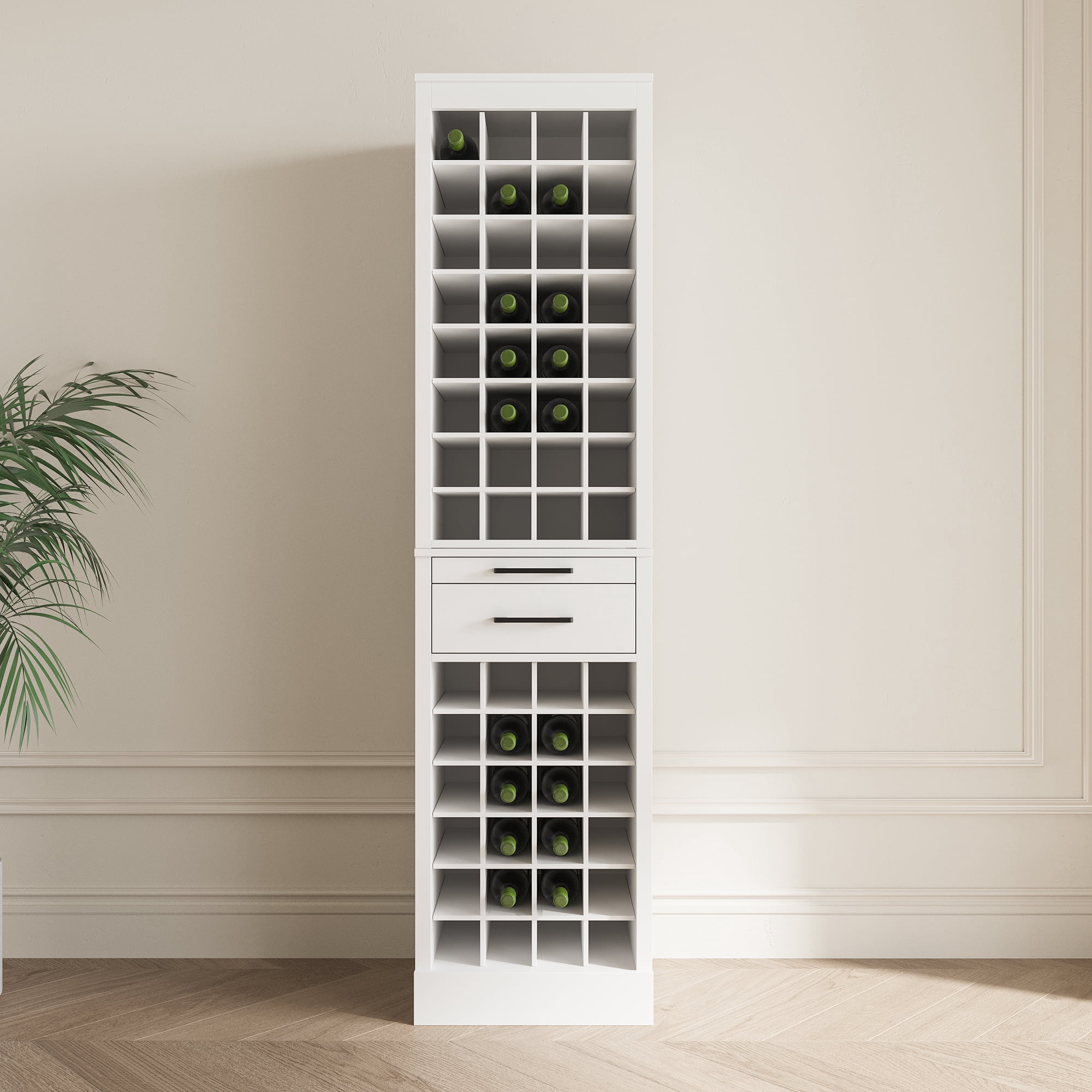 Wine Bar Cabinet with 32 Bottle Storage, Modular Buffet Cabinet or Wine Storage for Dining Room, Brown Walnut Finish, Simple Straight Line Design