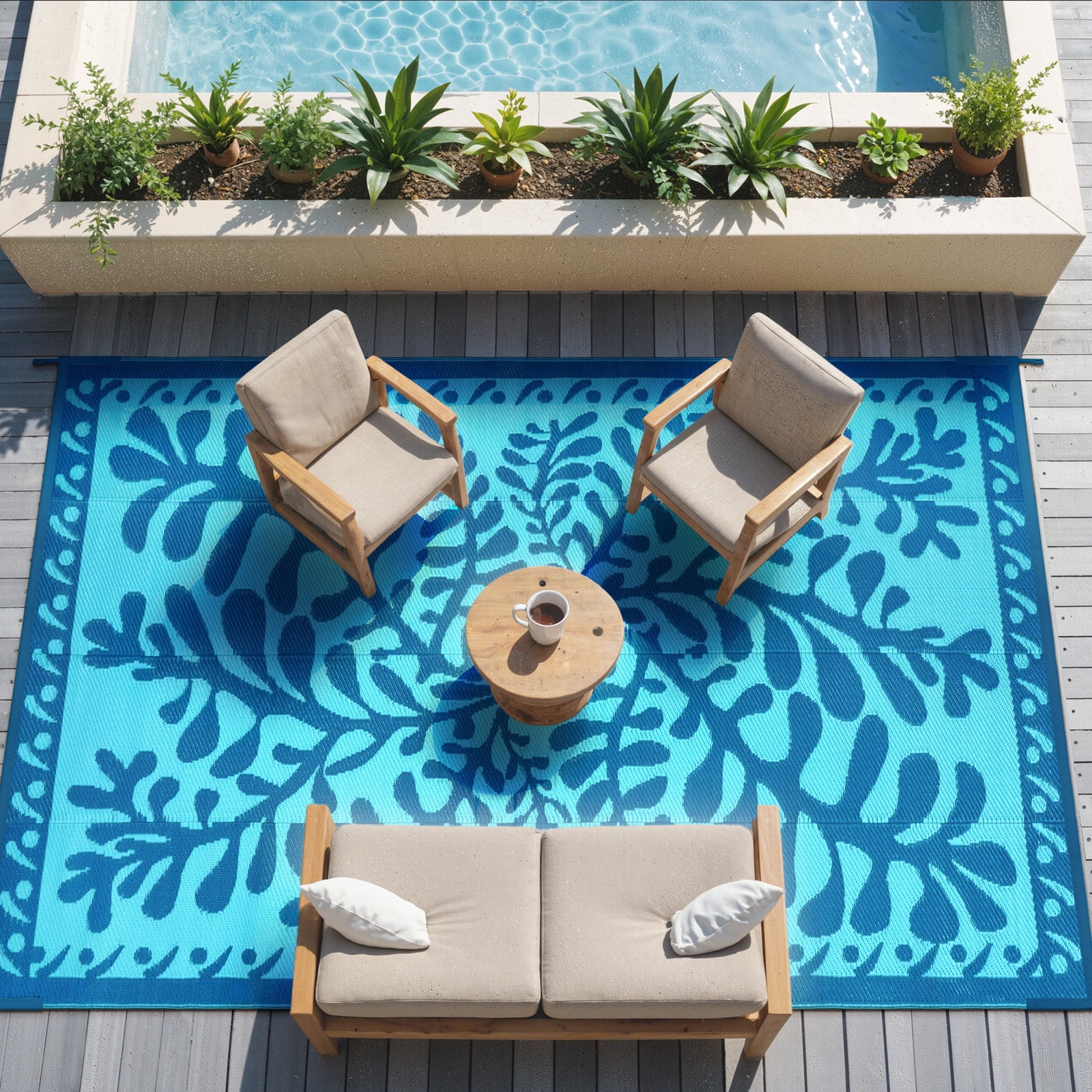 SUNDEREY 6’X9’Outdoor Rug for Patio,Waterproof Beach Mats, Seaweed Pattern Plastic Straw Outdoor Rugs for RV Patio Deck Beach Porch Backyard,Blue
