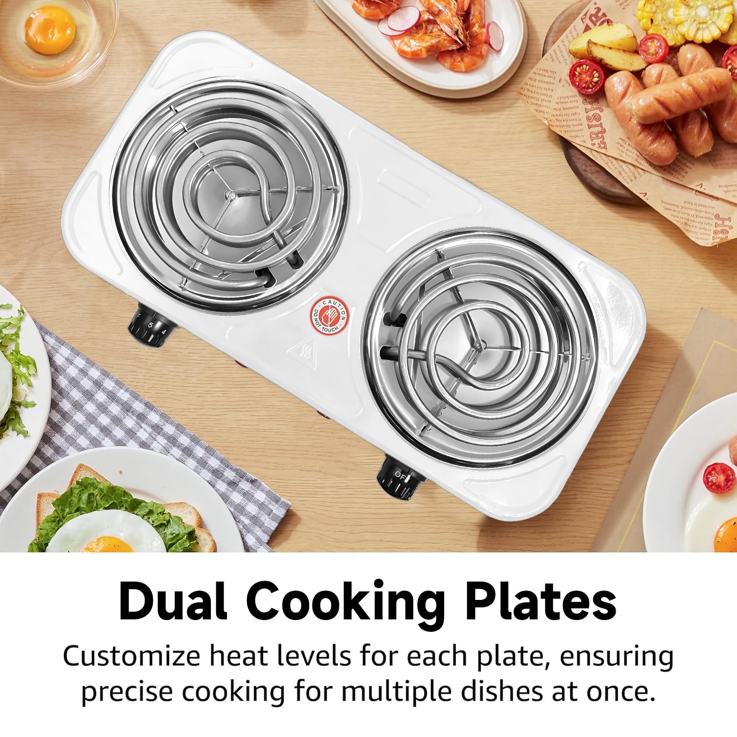 Hot Plate,Double Burner, 2000W Electric Stove Burner with 5 Levels Temperature Control, Countertop Double Coil Burner Cast Iron Cooktop for All Cookwares Home Camp RV,White