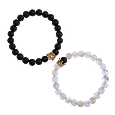 - Fancyleo Couple Bracelet 8mm Stone Beads Crown Stretch Bracelet Men Women Gift