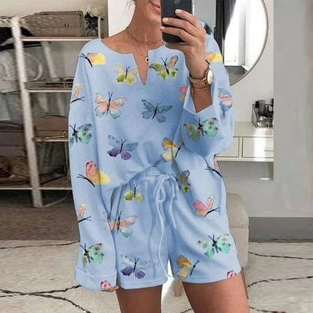 

Women s Casual Comfort Butterfly Printed Home Pajamas Round Neck Shorts Set