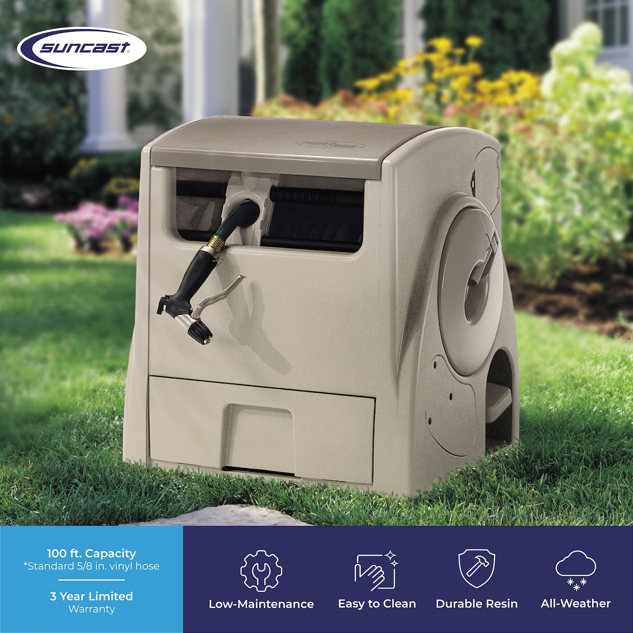 Suncast 100 ft. POWERWIND® Auto Power Rewind Hose Reel, Light Taupe