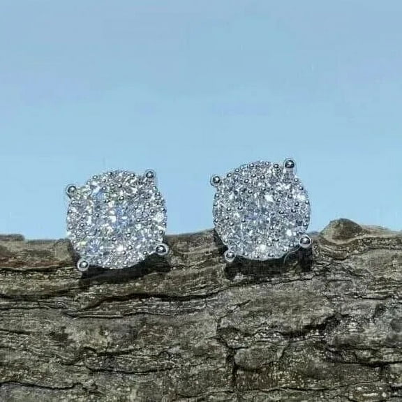 2Ct Round Cut Moissanite Men's Cluster Stud Earrings 14K White Gold Finish