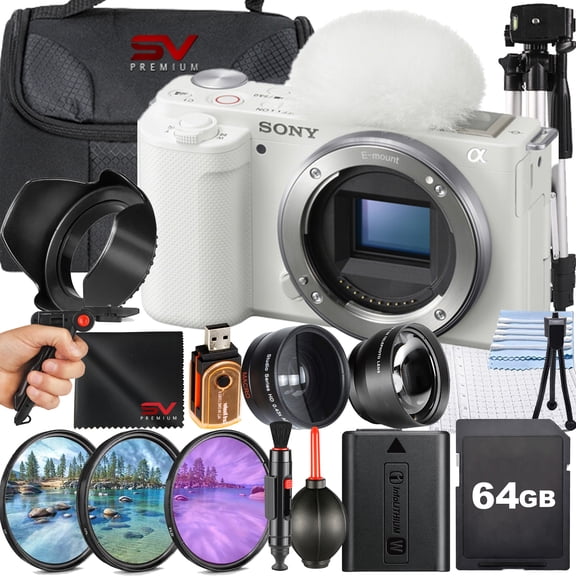 Sony ZV-E10 Mirrorless Camera (Body Only, White)   SanDisk 64GB Memory Card   Case   Filter Kit   SV Premium Accessory Bundle (International Version)