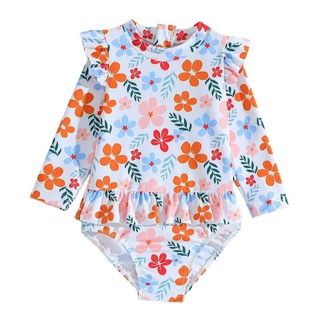 QWIED Swimsuit for Girls Toddler Kids Floral Summer Sunscreen Ruffle Fly Long Sleeve One Piece Tankini with Back Zipper Swimwear Swim Suit Size 5-6