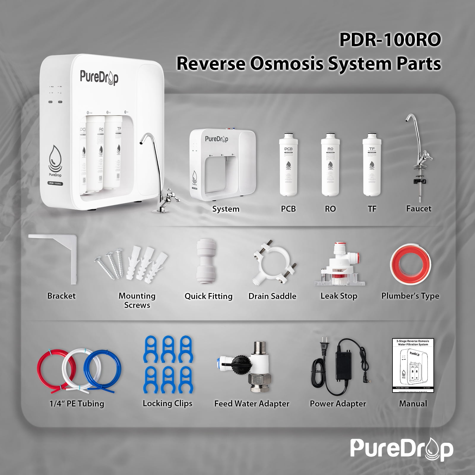 PureDrop PDR-100RO Under Sink 3-Stage Reverse Osmosis Drinking Water Filtration System High Capacity 100 GPD Fast Flow Tankless System