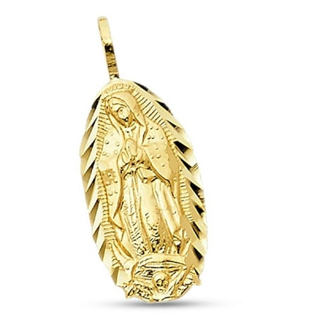 - 14k Yellow Gold Oval Lady Guadalupe Pendant Virgin Mary Charm Diamond Cut Solid 17 mm x 9 mm