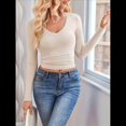 thumbnail image 4 of Camisas de Larga para Mujer, Moda Otoño 2025, Cuello en V, Blusas Básicas, Blusas Ajustadas Y2K. Colorante de Avena L, 4 of 10