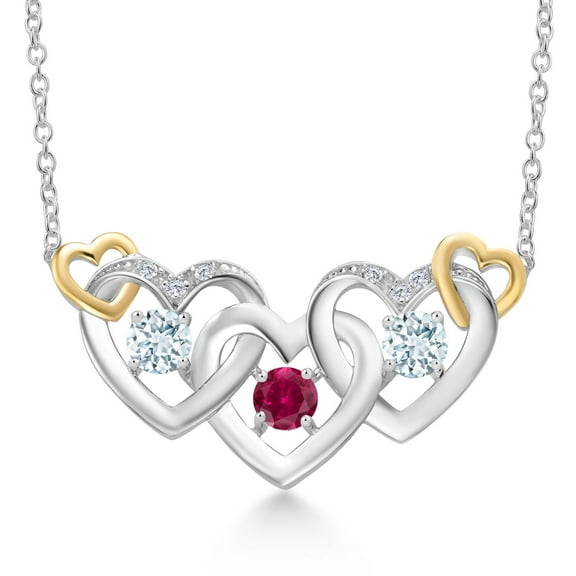 Gem Stone King 925 Silver and 10K Yellow Gold Red Created Ruby Sky Blue Aquamarine and White Lab Grown Diamond Heart Shape Pendant Necklace for Women (0.81 Cttw, with 18 inch Chain)