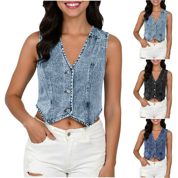FRSASU Women's Fashion Sleeveless Denim Vest V Neck Button Down Slim Jean Waistcoat Jacket Light Blue