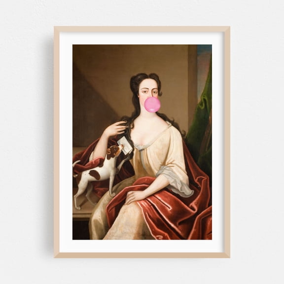 Renaissance Bubble Gum Portrait and Dog - Photography Pop Art Surrealism Humor Vintage Dog Whimsical Oak Framed Wall Art Print 12 x 18 inches