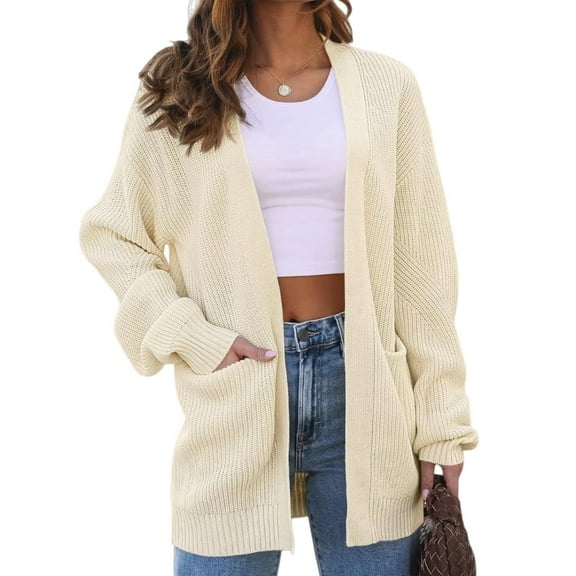Women's Beige Ribbed Knit Bolero Open-Front Cardigan - Long Sleeve Slim-Fit Wrinkle-Resistant with Pockets S