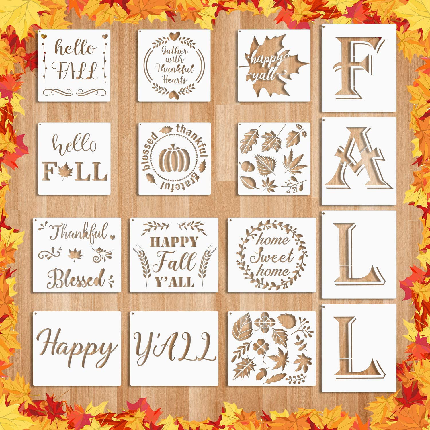 16 Pieces Happy Fall Stencil Kit Thanksgiving Fall Porch Stencil Pumpkin Maple Leaf Stencils Autumn Reusable Mylar Template Seasonal Stencils for Painting on Wood Wall Home Crafts Decor 