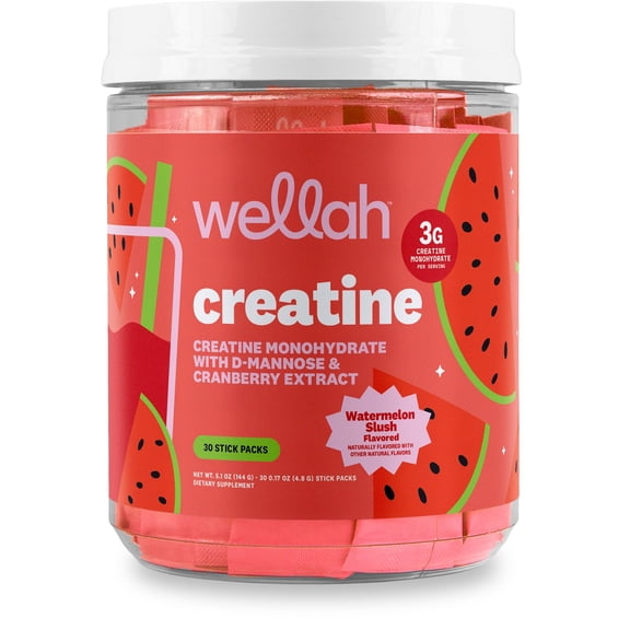 WellahCreatine For Women (Watermelon Slush) 30 Stick Packs - 3g of Creatine Monohydrate with Dandelion, & Cranberry Extract, To-Go Packets
