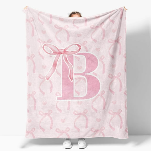 Coquette Pink Bow Throw Blanket, Personalized Initial Alphabet Fluffy Cozy Flannel Blanket, Monogrammed Gifts for Women, Unique Customized Blanket for Her Girls Christmas Birthday