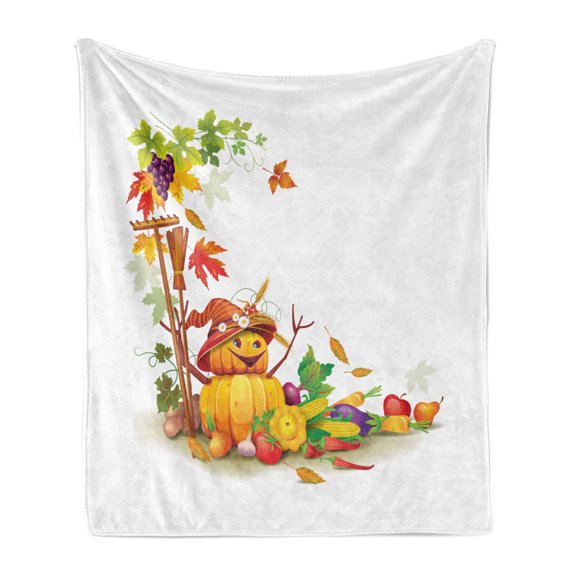 Thanksgiving Soft Flannel Fleece Throw Blanket, Autumn Harvest Theme with Various Foods from Country Garden Agriculture, Cozy Plush for Indoor and Outdoor Use, 50" x 70", Multicolor, by Ambesonne