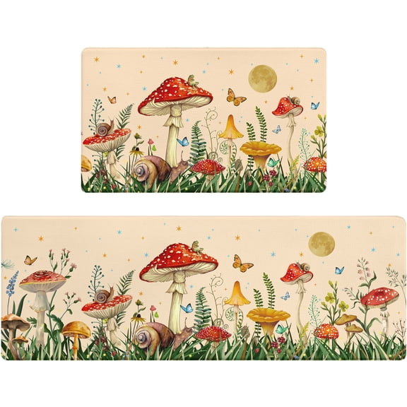 Anti Fatigue Kitchen Mats Set of 2 Enchanted Mushroom Meadow Non-Slip Cushioned Kitchen Rugs Waterproof Memory Foam Floor Mat - Whimsical Toadstool Fairy Garden & Cottagecore Design