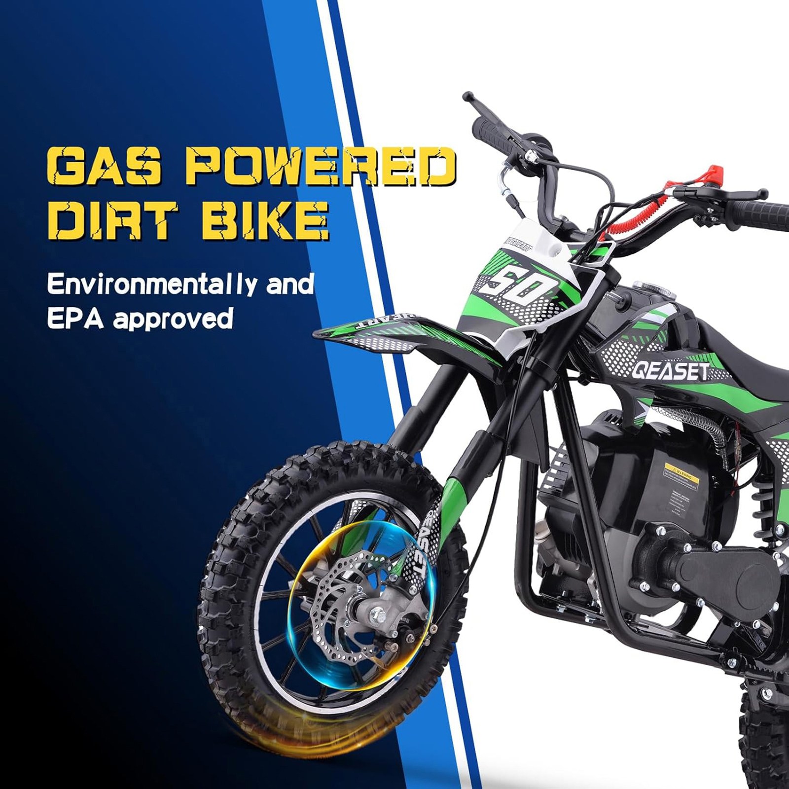 QEASET Gas Mini Dirt Bike, 39.4 CC 4-Stroke Dirt Bike, Rear Shock Absorber, Metal Frame, Disc Brakes, Max Load 165Lbs, Up to 20Mph, No Oil Mix Require, Green