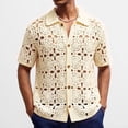 thumbnail image 2 of YLSDY Men's Openwork Crochet Camp Collar Shirt, Allover Floral Medallion Pattern, Short Sleeve Button-Down Summer Top Beige M, 2 of 6