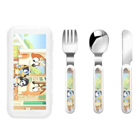 Zofaai Bluey Pattern Children's Knife, Fork and Spoon Three-piece Set, Stainless Steel Children's Tableware with Outer Box, Suitable for School, Home