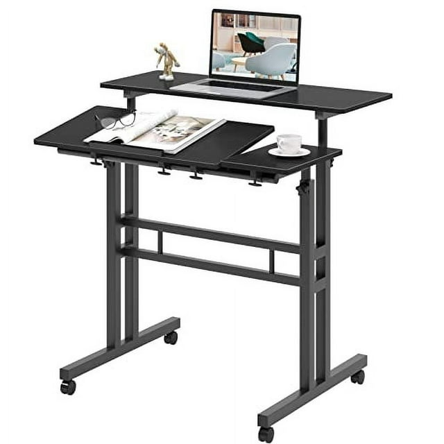 DlandHome Adjustable Rolling Desk Standing Desk, Sit-Stand Desk Cart Mobile Computer Desk Stand Up Desk Office Desk Riser Standing Table Workstation Mobile Desk, Oak