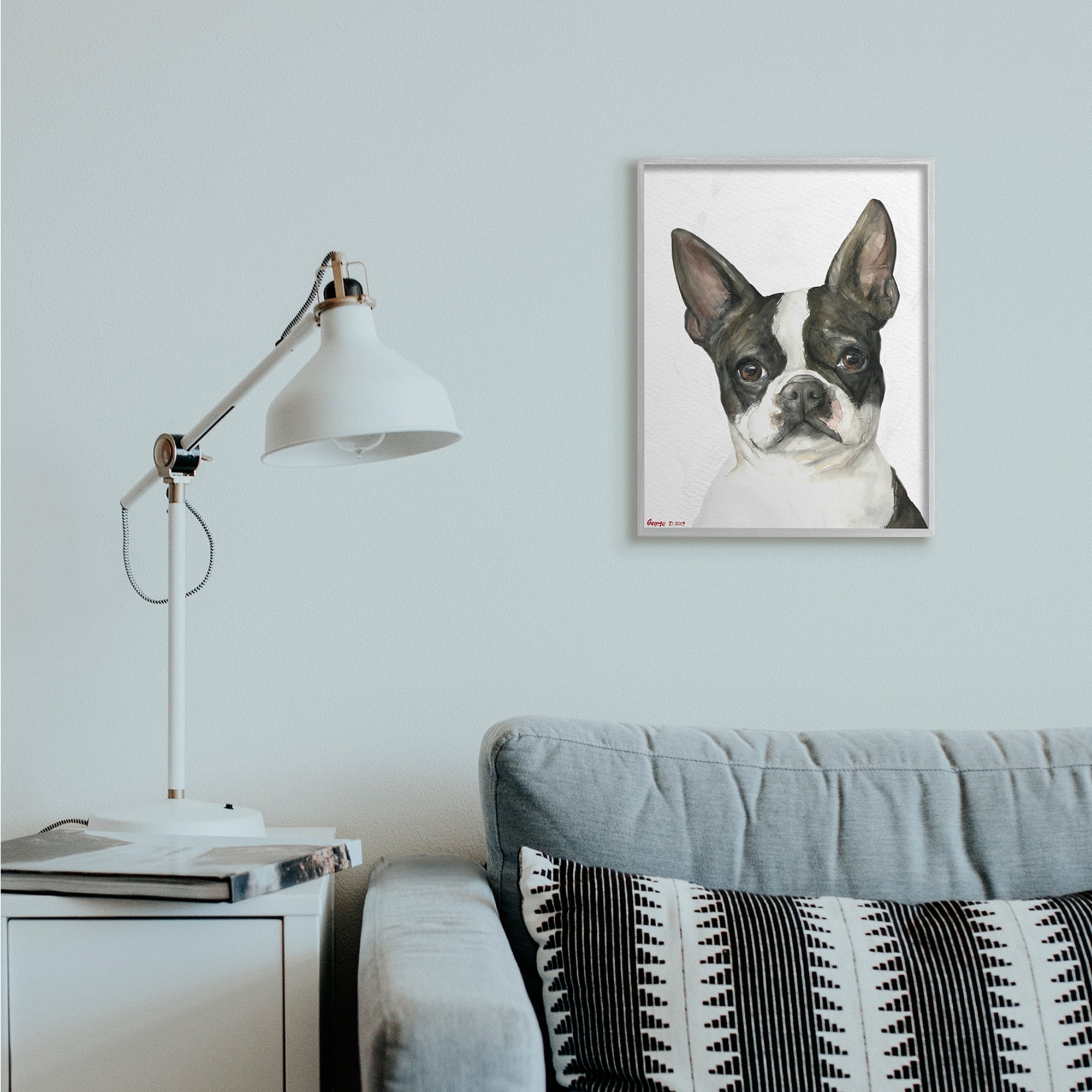 Stupell Industries Curious Boston Terrier Portrait Pet Dog Watercolor Grey Framed, 16 x 20, Design by George Dyachenko