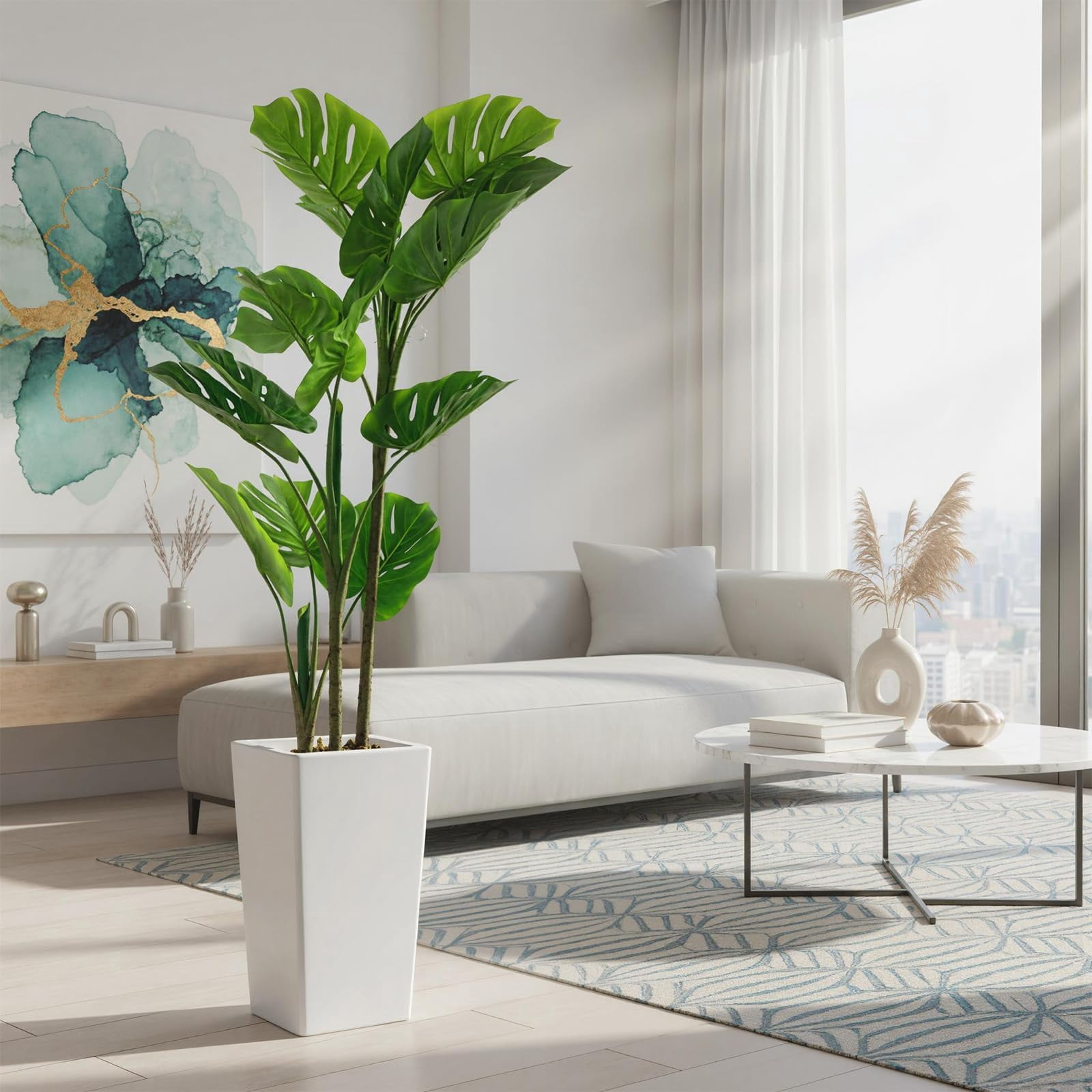 Accreate Faux Banana Tree Artificial Plant, Fake Potted Tropical Evergreen with Tall White Planter for Living Room, Entryway, Porch, or Office