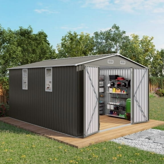 10x12 FT Outdoor Metal Storage Shed with Double Doors & Two Windows, Large Waterproof Garden Shed for Lawn Mowers, Bike, Pool Equipment, Patio Furniture, Trash Bins, Backyard, Grey