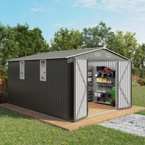 10x12 FT Outdoor Metal Storage Shed with Double Doors & Two Windows, Large Waterproof Garden Shed for Lawn Mowers, Bike, Pool Equipment, Patio Furniture, Trash Bins, Backyard, Grey