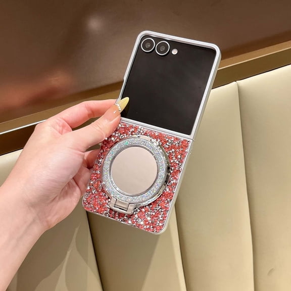 For Samsung Galaxy Z Flip 7 Phone Case,Luxury Cute Bling Sparkle Shiny Bling Glitter Diamond Back,With Make-up Mirror,Contractile Ring Kickstand,Shockproof Anti-Scratch Phone Case,Pink