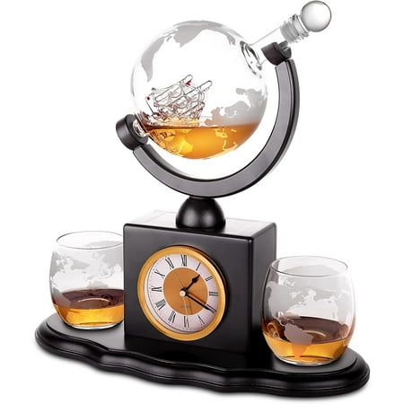 

Deluxe Whiskey Decanter Set - 850 mL Globe Decanter and Glass Set and Vintage-Style Wooden Clock - Fancy Liquor Decanter for Scotch Vodka Brandy Wine - Tequila Gift Set for Men - Patent Pending