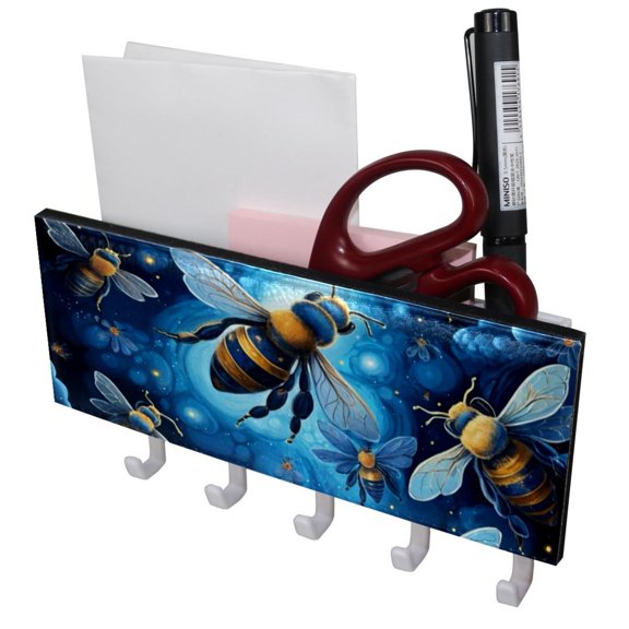PhooArto Key Holder for Wall Decorative with 5 Key Hooks, Blue Galaxy Bees Holders Wall Mount Organizer with Mail Key Rack, Self Adhesive