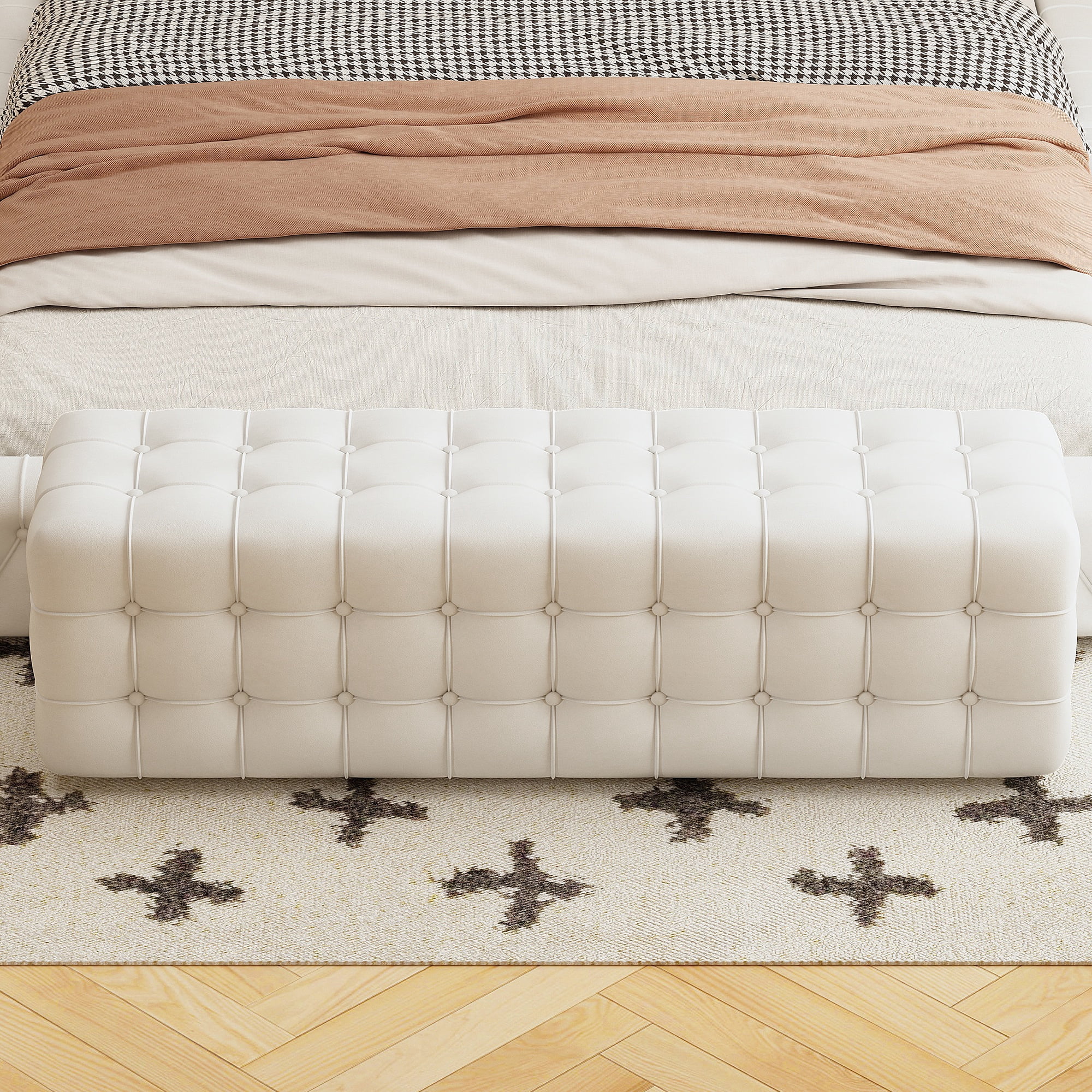 PORKISS Upholstered Ottoman, All Covered Velvet Rectangular Footstool, Wood Modern Ottoman Bench for Bedroom, No Assembly Required, White
