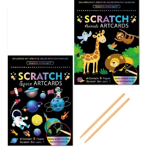 Funblast Scratch Painting Art Cards - Diy Magic Colouring Art Scratch Cards For Drawing, Sketching, Scratch Art Painting Paper With Stylus, Art & Craft Kit For Kids (Space-Animals)