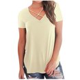 thumbnail image 1 of Summer Plus Size Womens Summer Tops Woman Fashion Solid Color Chest Overlapping Rope Short Sleeve V-Neck Casual Tops V Neck Tshirt Women on Clearance, 1 of 5
