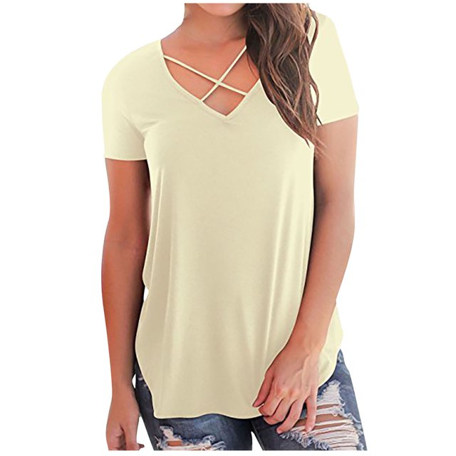Summer Plus Size Womens Summer Tops Woman Fashion Solid Color Chest Overlapping Rope Short Sleeve V-Neck Casual Tops V Neck Tshirt Women on Clearance