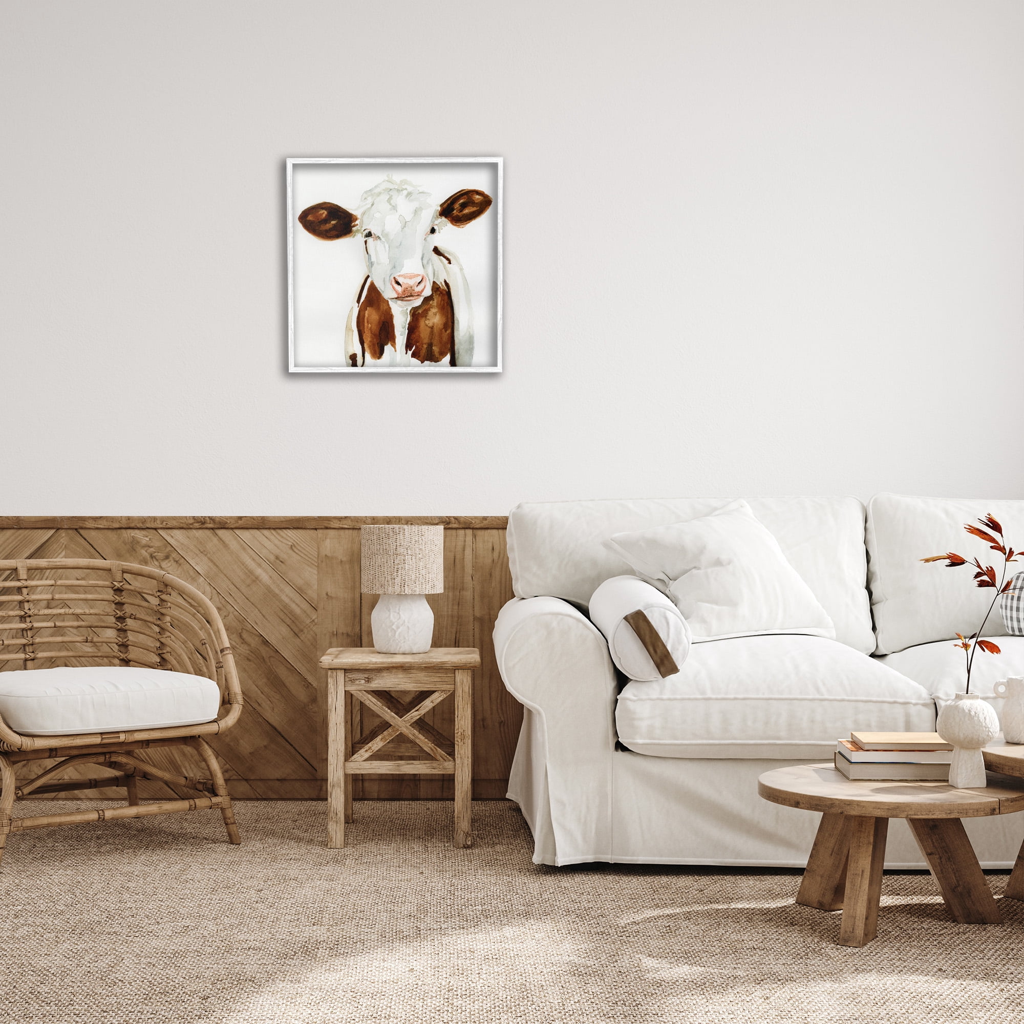 Stupell Industries Farm Cow Neutral Watercolor Animals & Insects Painting White Framed Art Print Wall Art, 24 x 24
