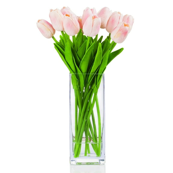 Enova Home Artificial Real Touch Tulips Fake Silk Flowers Arrangement in Glass Vase with Faux Water for Home Wedding Decoration Pink