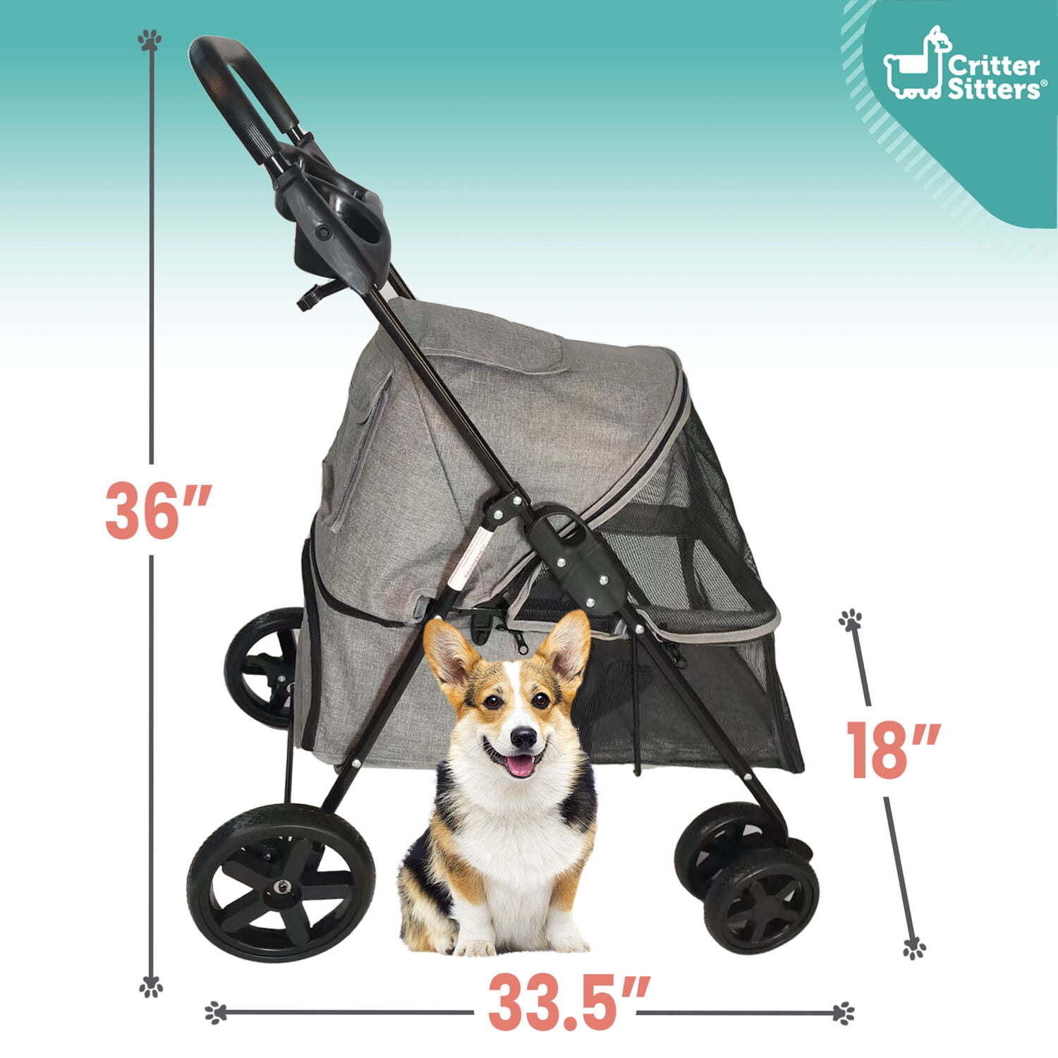 Critter Sitters Grey Foldable Pet Stroller for Small Dogs/Cats with Breathable Scratch Resistant Mesh Window