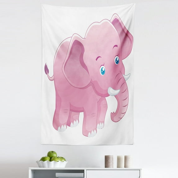Animal Cartoon Tapestry, Comic Safari Animals as with Tusks Mammal Savannah Zoo, Fabric Wall Hanging Decor for Bedroom Living Room Dorm, 5 Sizes, Pink White, by Ambesonne