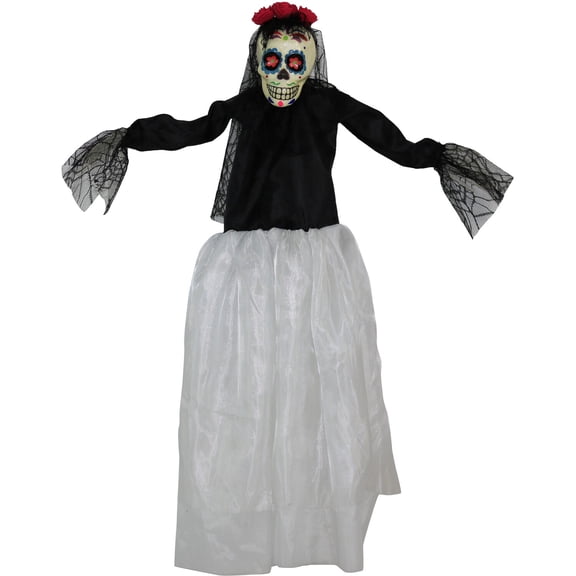 Haunted Hill Farm 32-in. Off-White Sugar-Skull Inspired Day of the Dead Decorative Skeleton with Blue, Red, and Yellow Accents