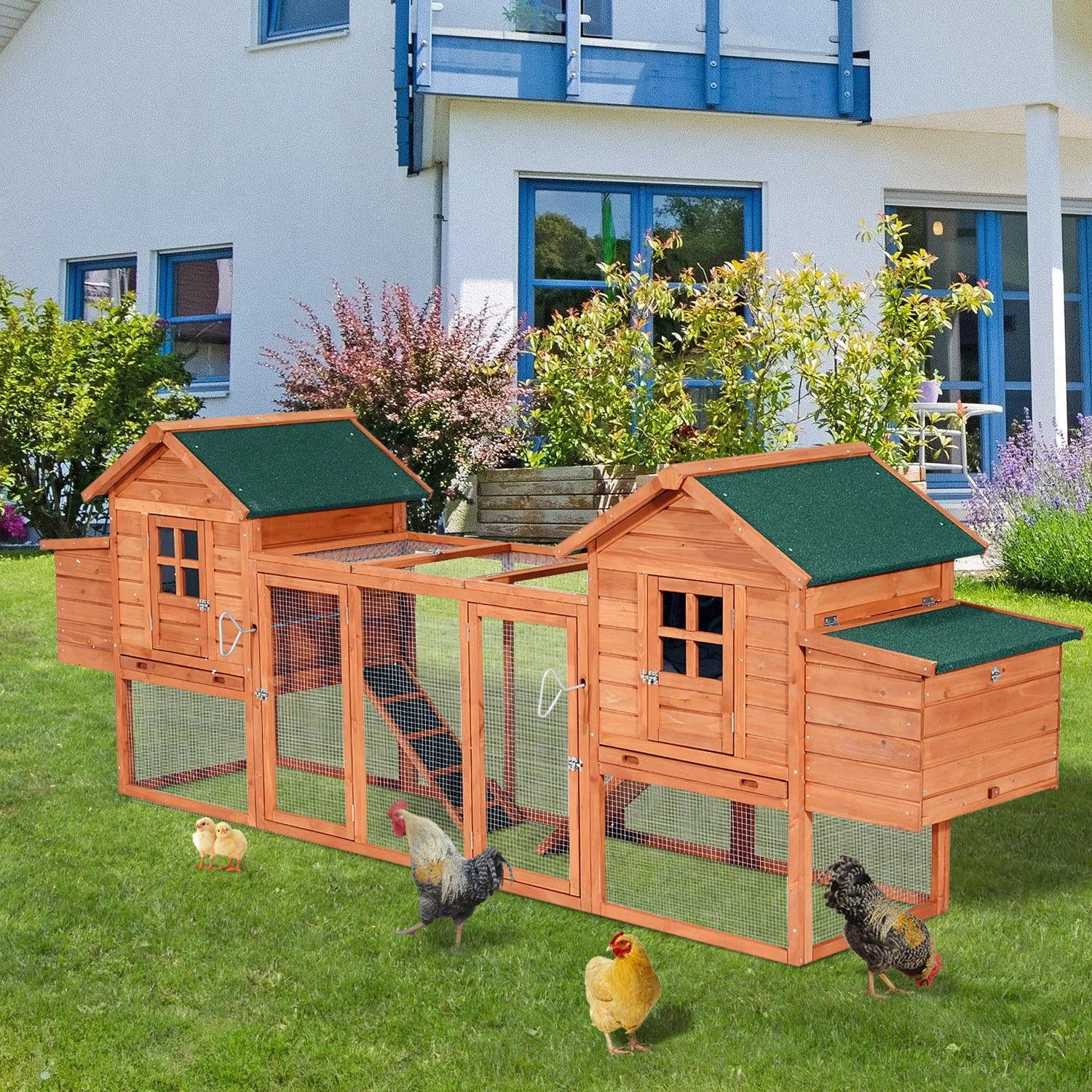 Pefilos 124" Outdoor Wooden Dual Chicken Coop with Nesting Box, Runs, Farm Hen House 3-6 Hens, Weatherproof Pet House for Rabbits, Poultry, Orange