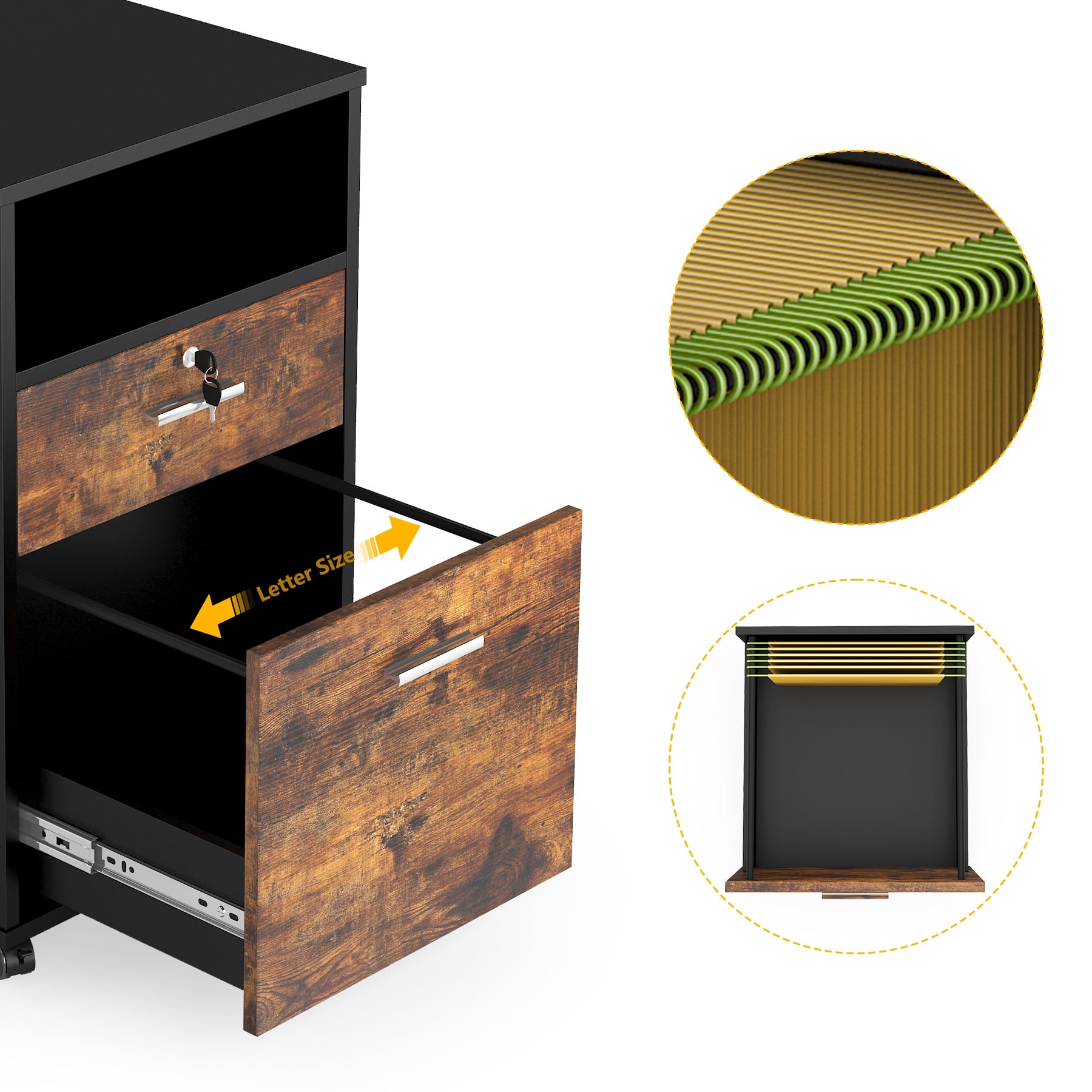 Fnova 2-Drawer Mobile File Cabinet with Rollers, Wood Modern Filing Cabinet with Lock and Key for Letter Size, Caninet with Open Shelf for Home Office, Brown