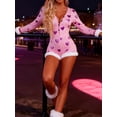 thumbnail image 2 of Women's Deep V Neck One Piece Shorts Bodysuit Furry Trim Long Sleeve Bodycon Jumpsuit Pajama Cute Heart Print Shorts Romper Valentines, 2 of 6