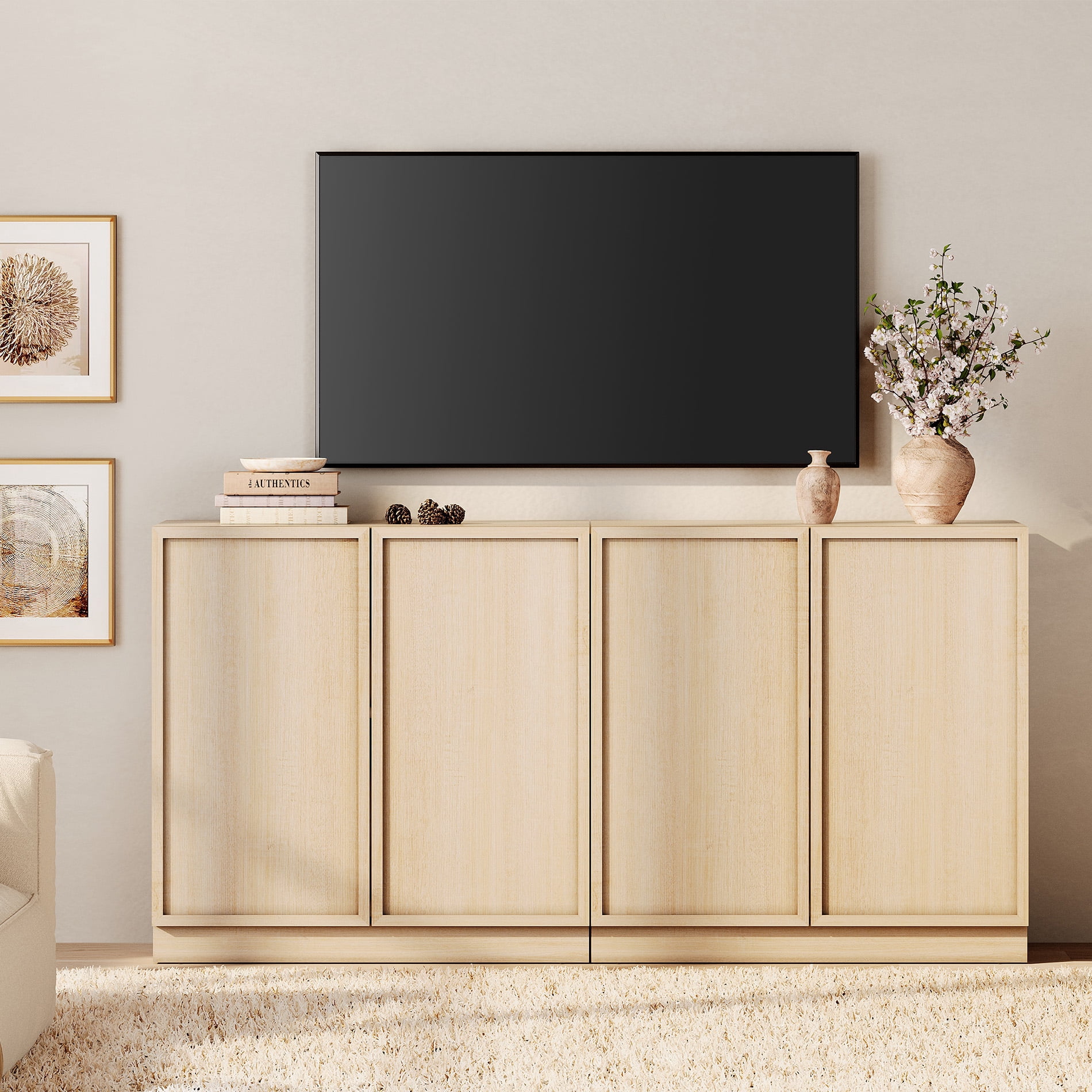WAMPAT Modern TV Stand for TVs Up to 70", 2-in-1 Entertainment Center TV Console with 4 Doors and Adjustable Shelf, Wooden Media Console Cabinet for Living Room, Bedroom, Beige