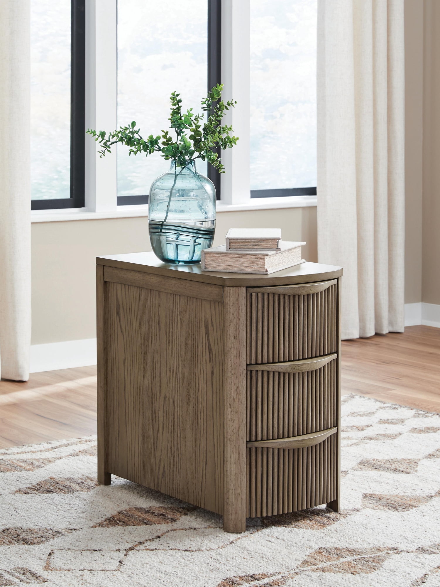 Signature Design by Ashley Camdill Chairside End Table with USB Charging Ports and 3 Drawers, Light Brown Wood Finish