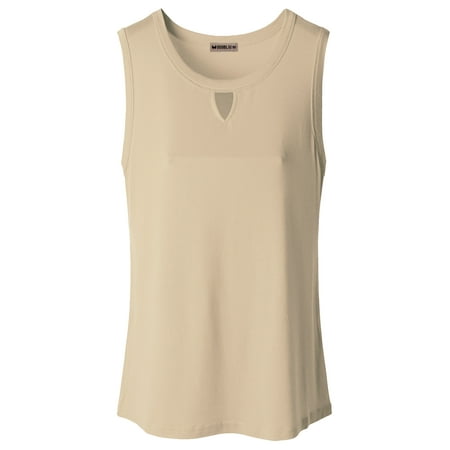 - Doublju Women's Basic Crewneck Keyhole Front Tank Top BEIGE S